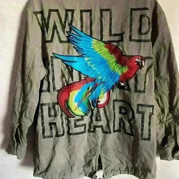 Zara Military Speak Up Trench Motor Biker Graphic Bird Olive Green Jacket XS - Picture 8 of 15